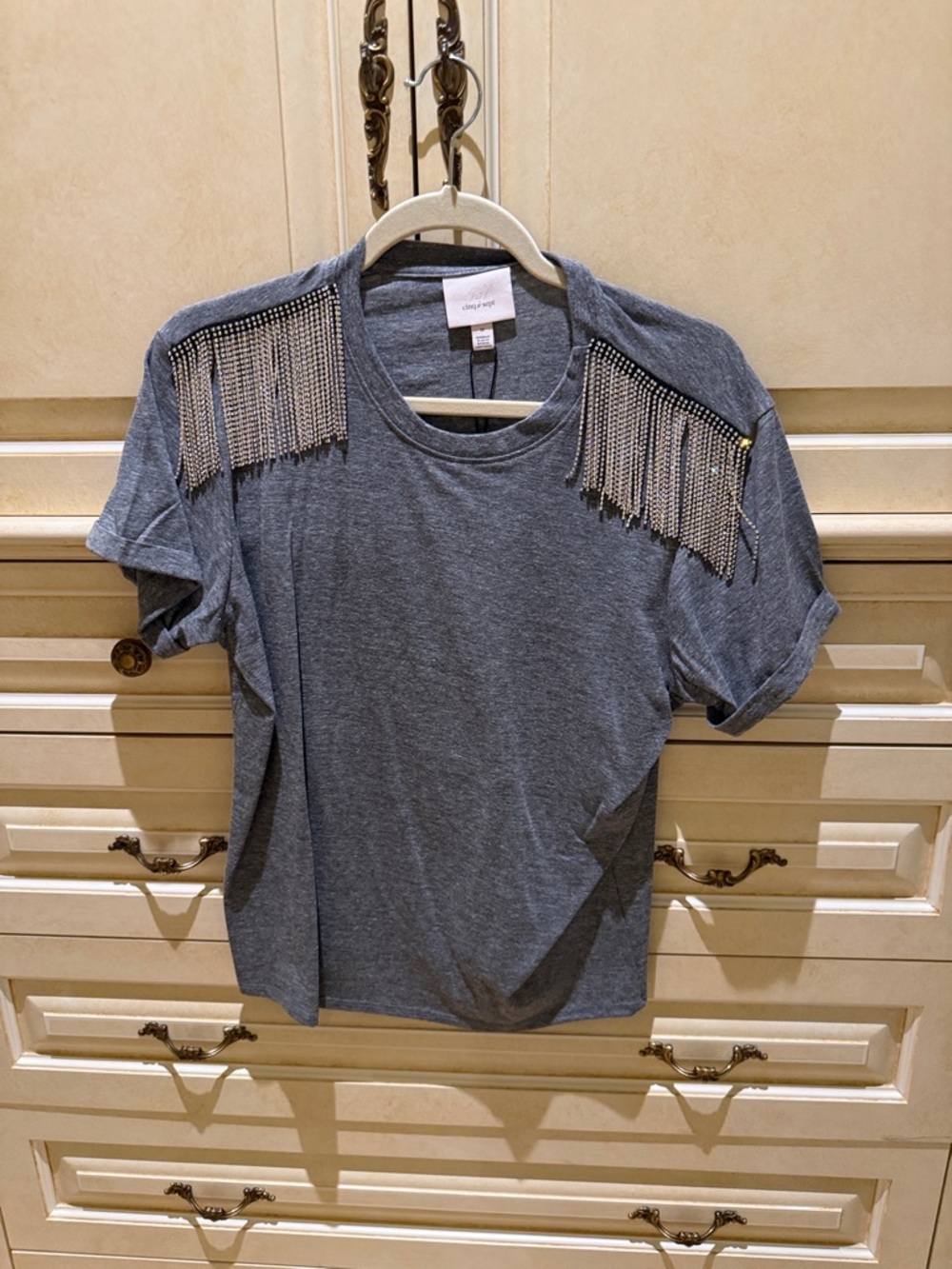 Brand New cinq a sept Grey Tee with Metallic Shoulder Fringe M